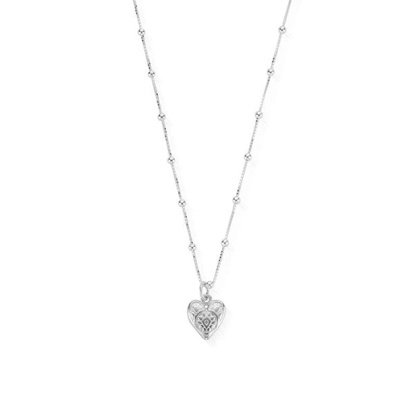 Bobble Chain Decorated Heart Necklace Silver