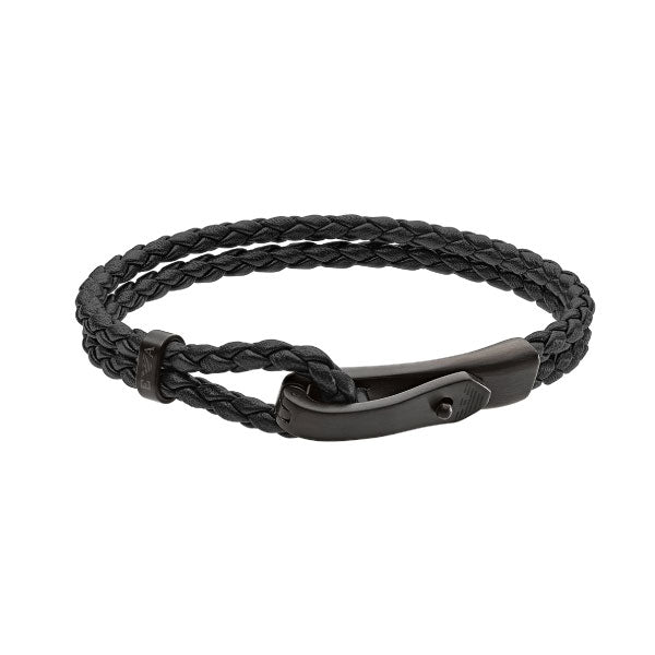 Emporio Armani Mens Black Leather Logo Bracelet